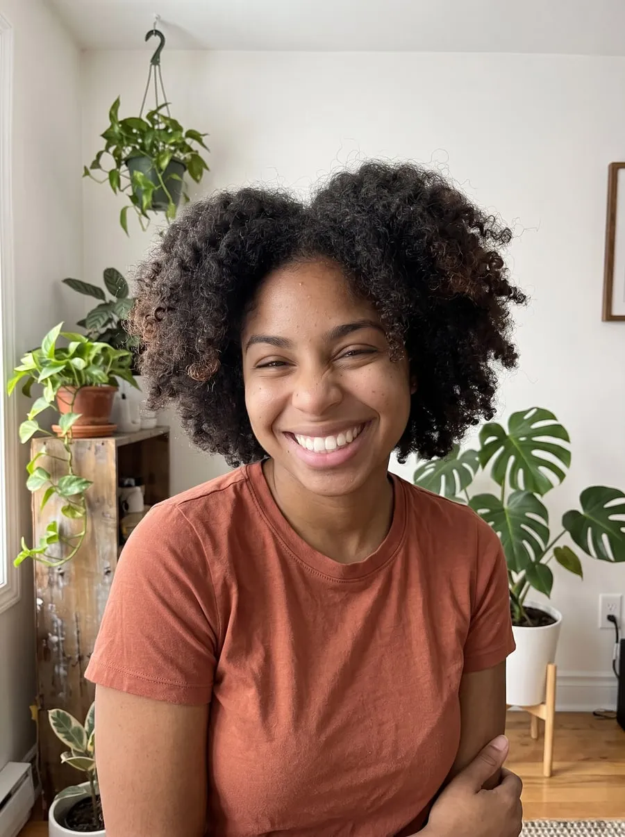 Avant silk press : cliente aux boucles crépues naturelles, Boucles Addict Studio Montréal