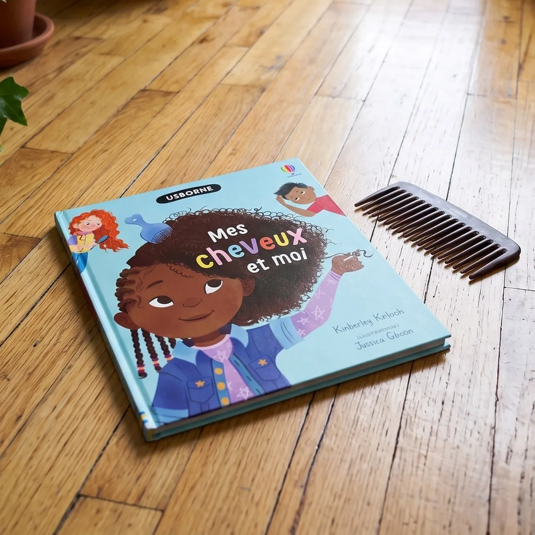 The children’s book “Mes cheveux et moi” and a wooden afro comb