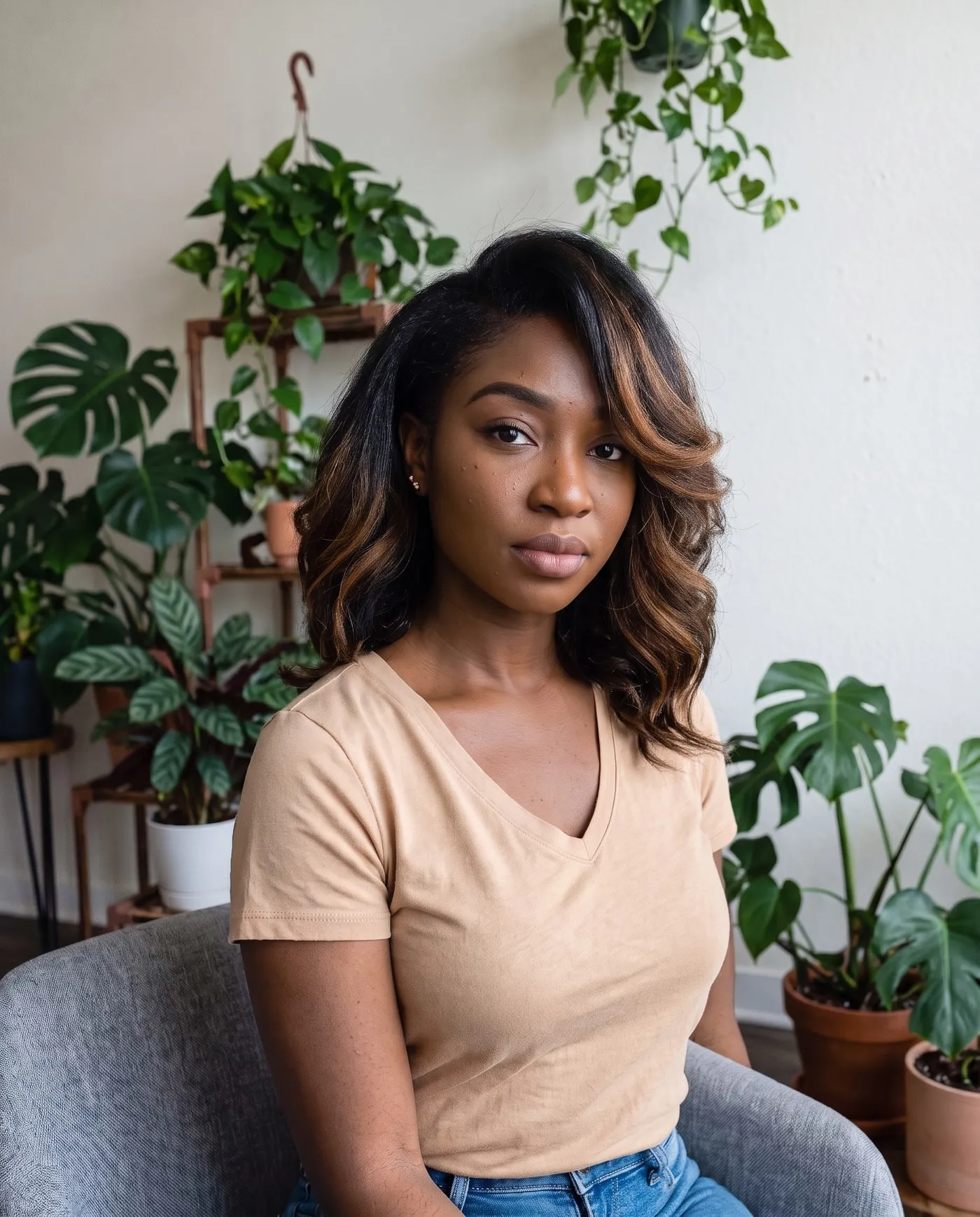 Silk press sur cheveux crépus à Montréal : cliente aux cheveux lisses et mèches caramel, Boucles Addict Studio